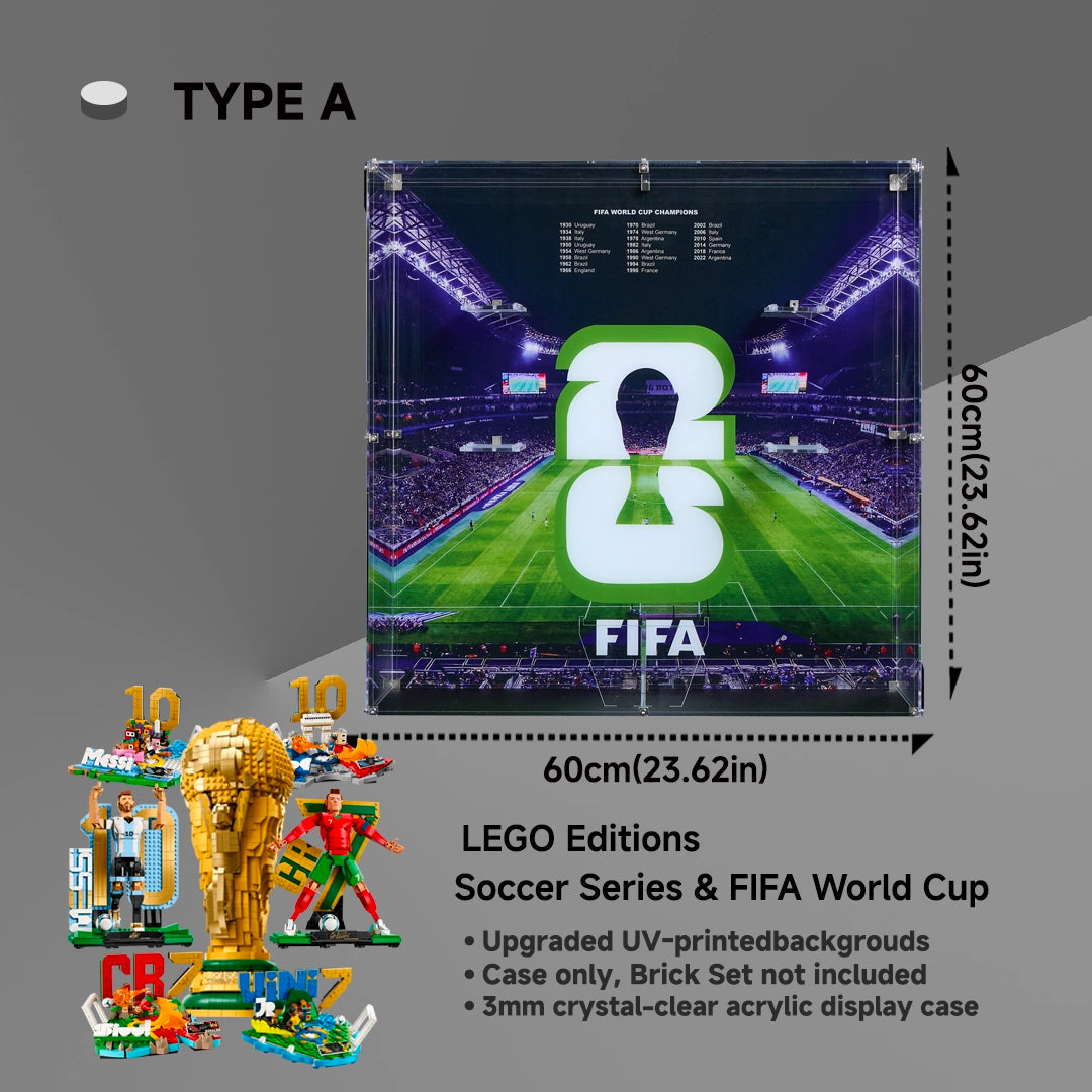 【PREMIUM】 Display Case For LEGO® Editions Soccer Legend Lionel Messi & Cristiano Ronaldo &Soccer Highlights 4 sets & FIFA World Cup™ Official Trophy(43015 /43016 /43020 /43011 /43027 /43012 /43013)