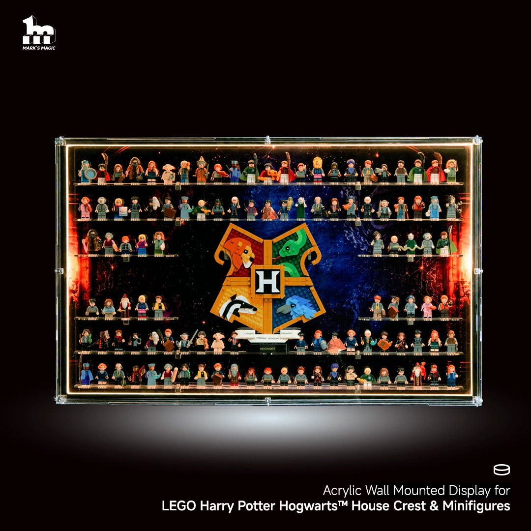 【PREMIUM LIGHT-UP】 Dust Proof Wall mounted Display Case for lego 76462 Harry Potter Hogwarts™ House Crest & 112 Minifigures