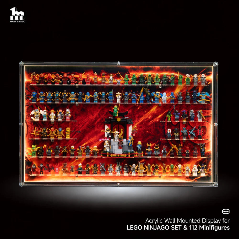 【PREMIUM LIGHT-UP】 Dust Proof Wall mounted Display Case for lego NINJAGO 71866 Character Display 15th Anniversary& 112 Minifigures