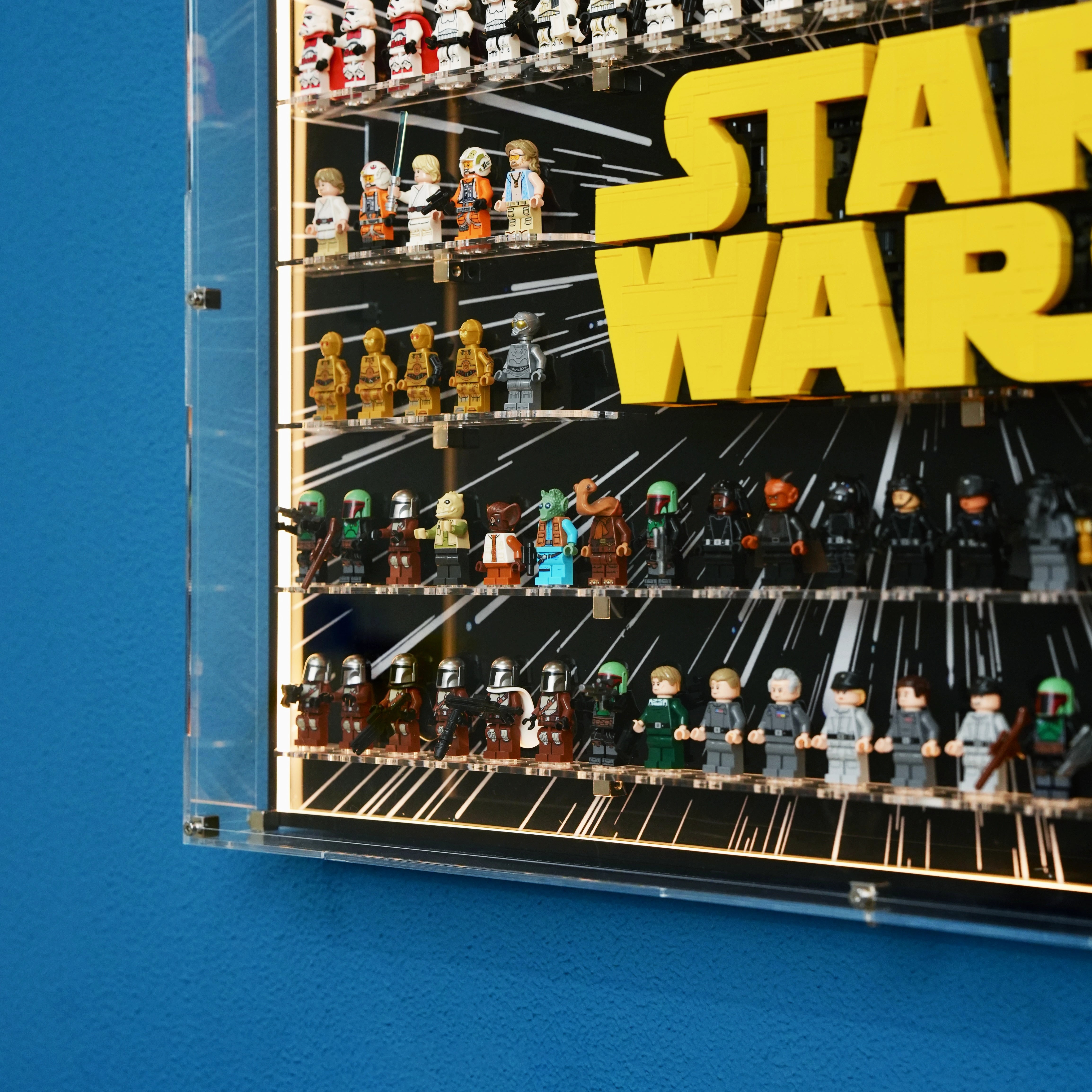 【PREMIUM LIGHT-UP】 Wall mounted Display Case for lego Star Wars Minifigure & Brick-Built star wars Logo