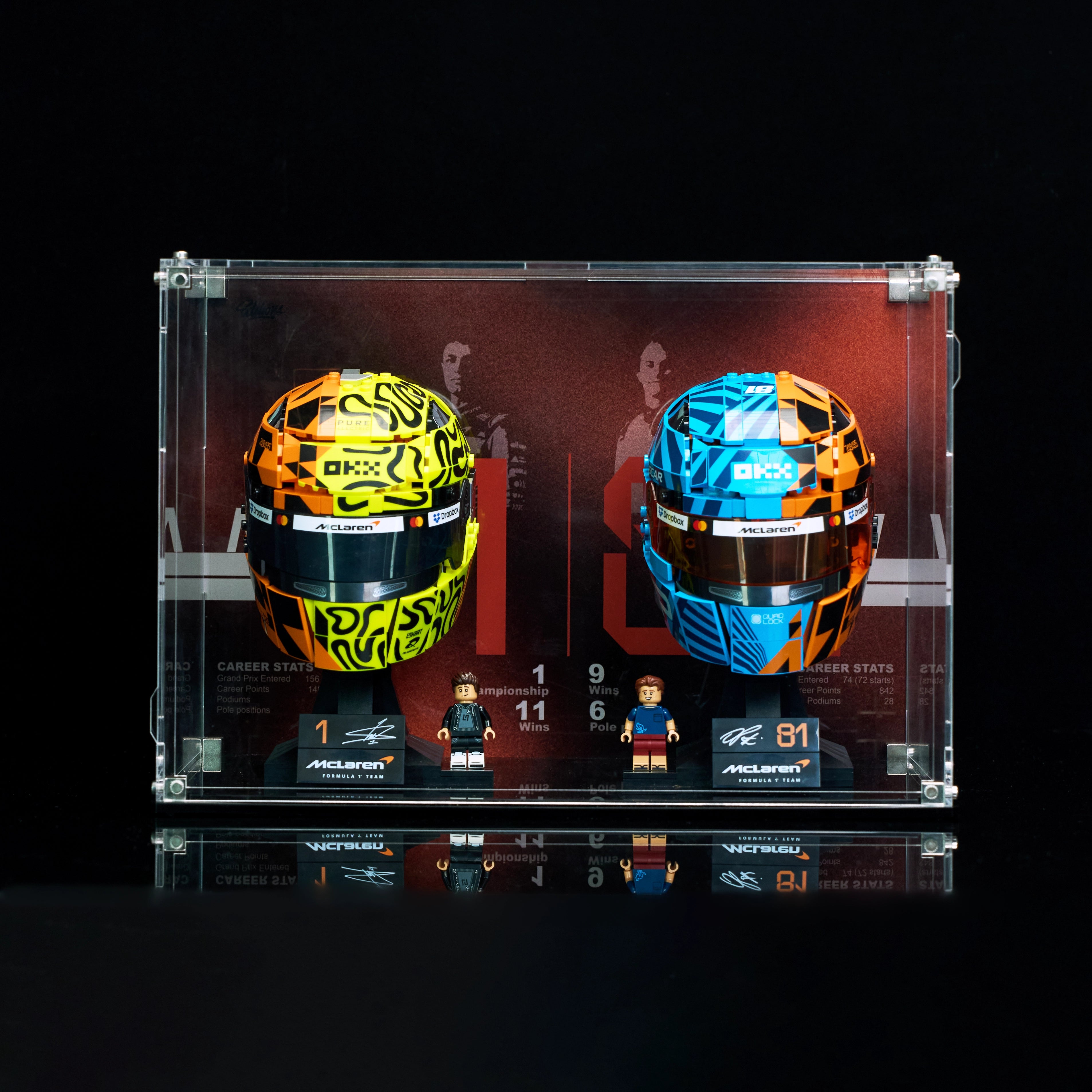 Wall mounted Display Case For LEGO® Editions F1 McLaren Lando Norris Helmet&Oscar Piastri Helmet