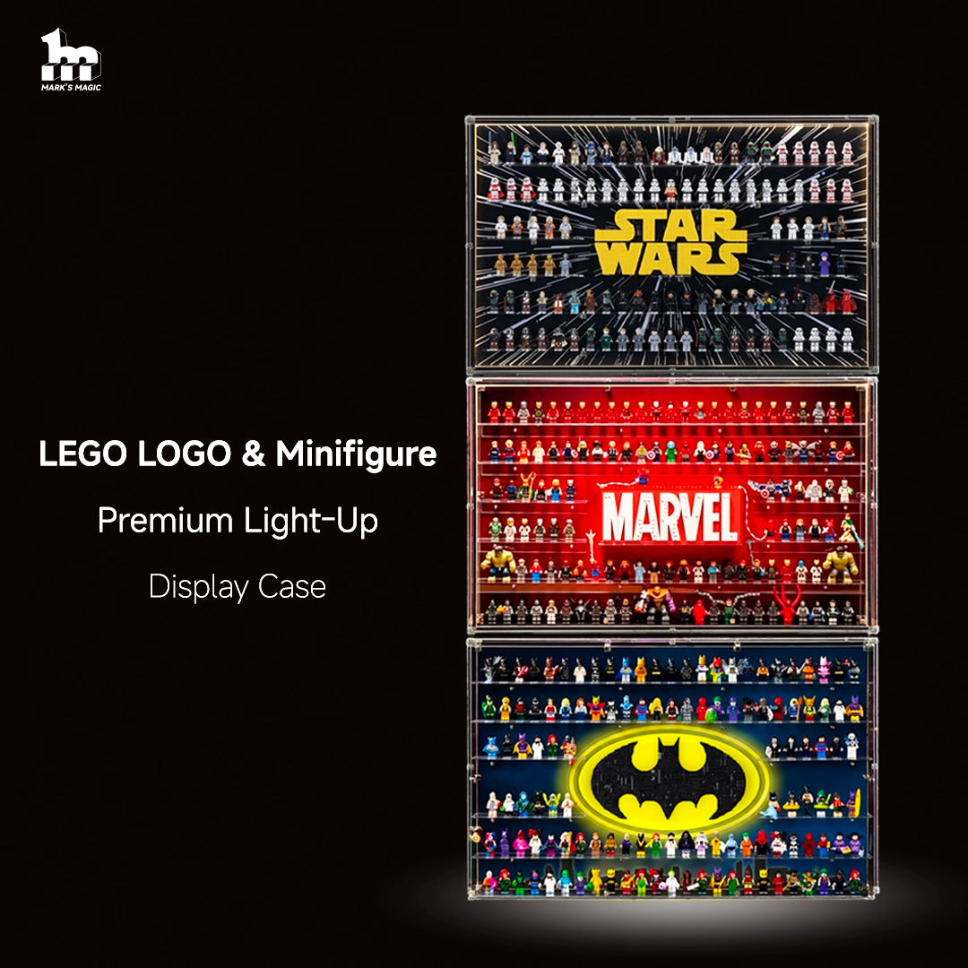 【PREMIUM LIGHT-UP】 Dust Proof Wall mounted Display Case for lego Logo & Minifigure