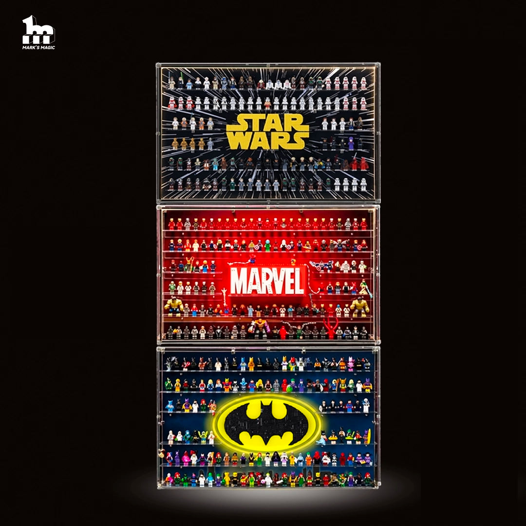 【PREMIUM LIGHT-UP】 Dust Proof Wall mounted Display Case for lego Logo & Minifigure