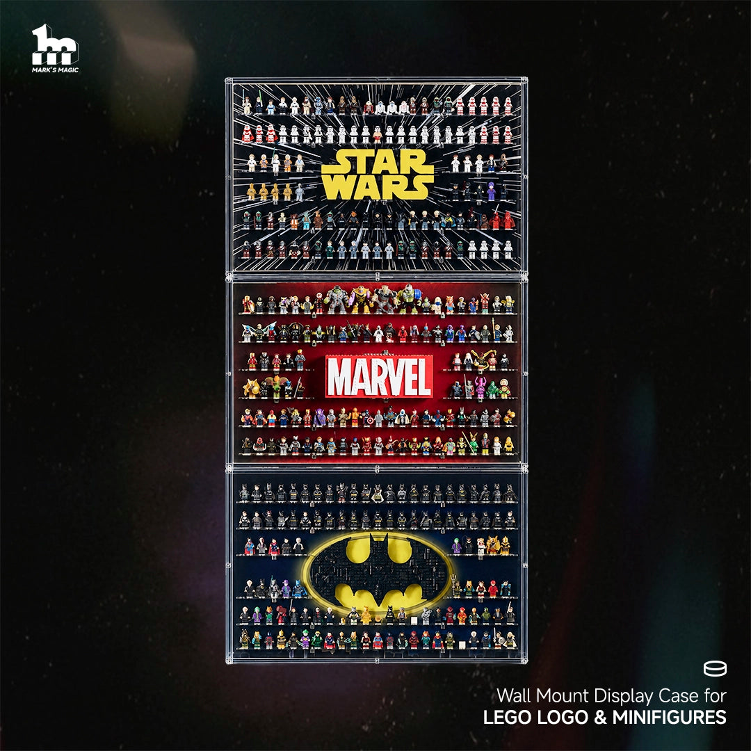 【PREMIUM LIGHT-UP】 Dust Proof Wall mounted Display Case for lego Logo & 112 Minifigures