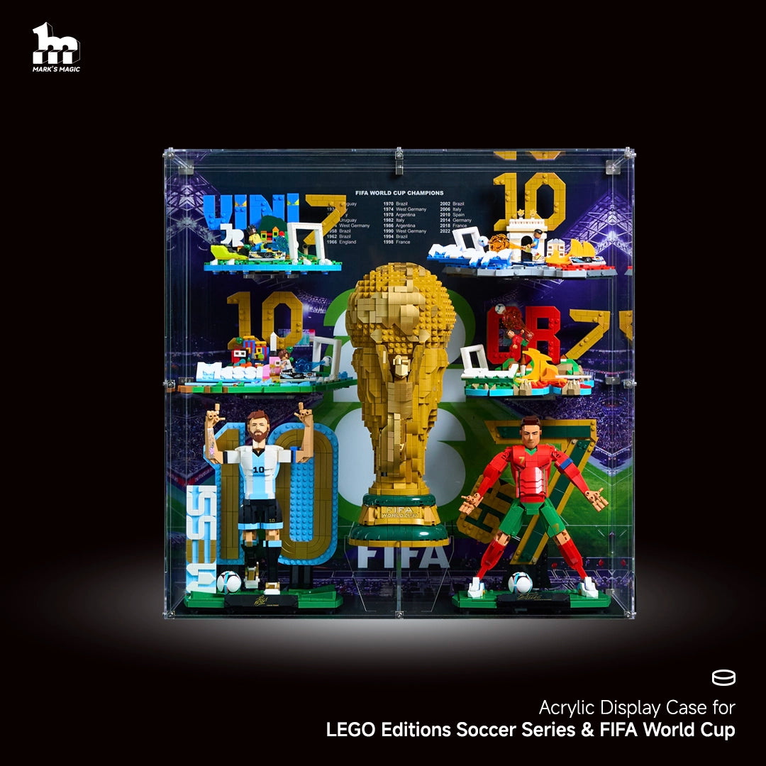 【PREMIUM】 Display Case For LEGO® Editions Soccer Legend Lionel Messi & Cristiano Ronaldo &Soccer Highlights 4 sets & FIFA World Cup™ Official Trophy(43015 /43016 /43020 /43011 /43027 /43012 /43013)