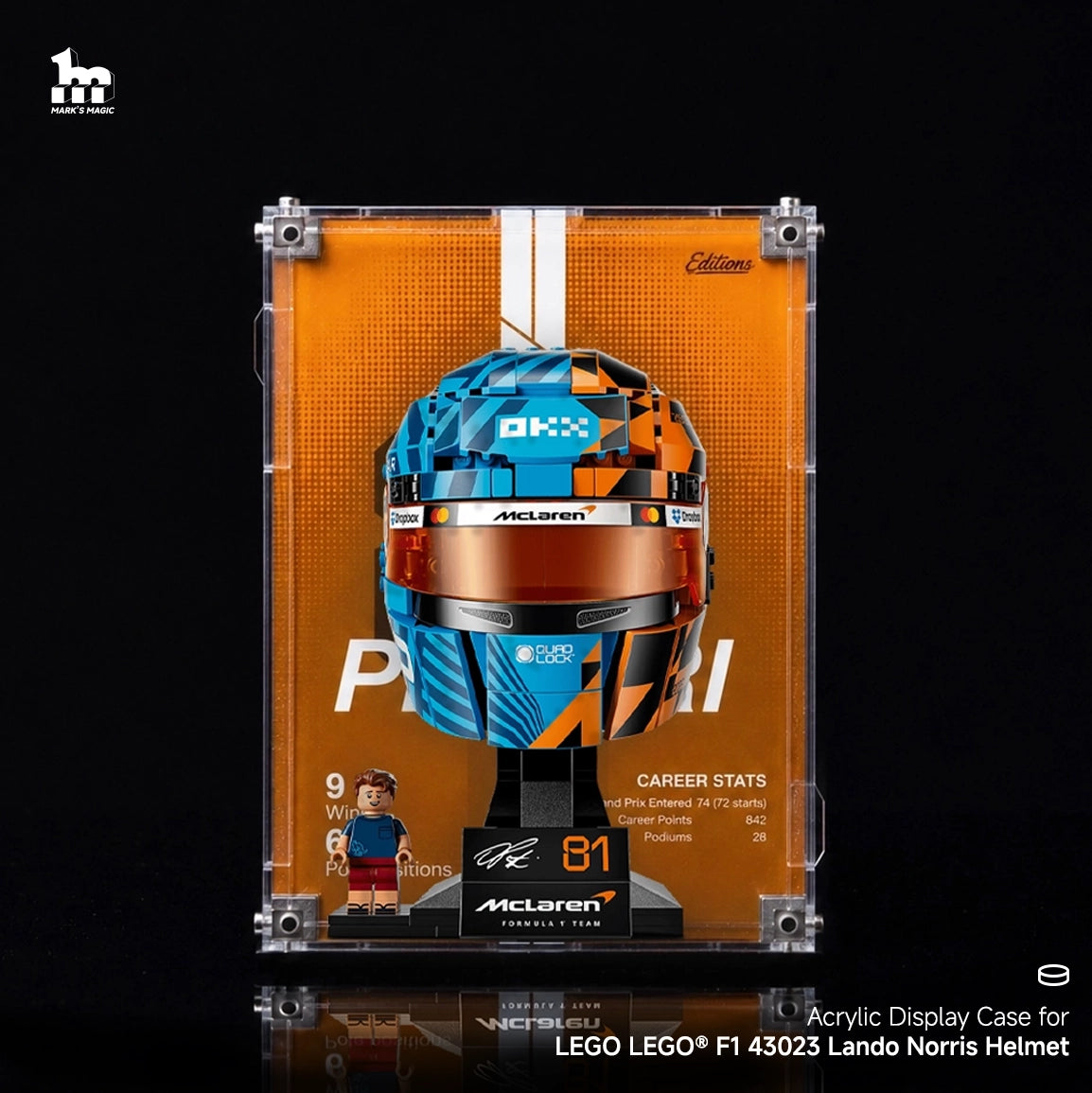 Wall mounted Display Case For LEGO® Editions F1 43017 Oscar Piastri Helmet