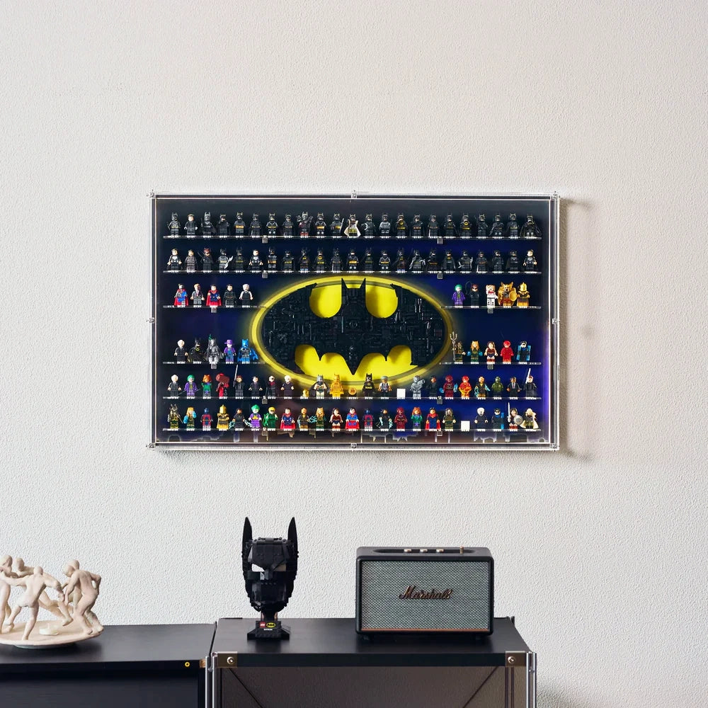 【PREMIUM LIGHT-UP】 Dust Proof Wall mounted Display Case for lego Batman Logo & Batman Minifigure