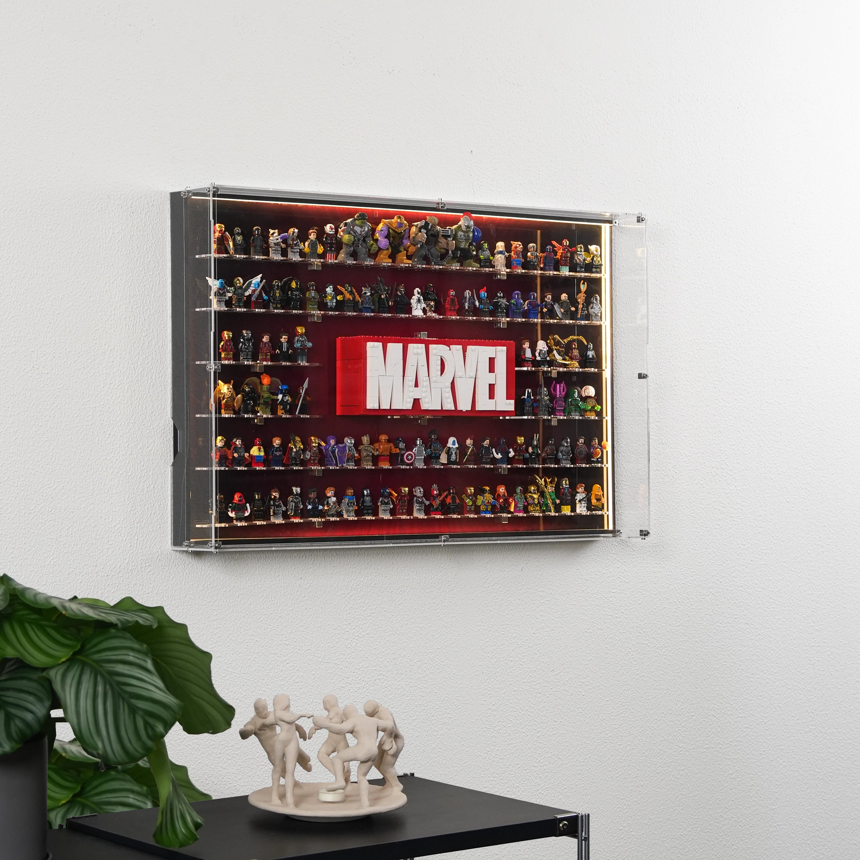 【PREMIUM LIGHT-UP】 Dust Proof Wall mounted Display Case for lego Marvel Logo & Marvel Minifigure