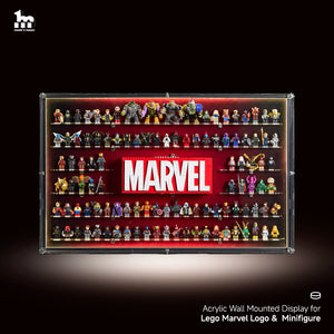 【PREMIUM LIGHT-UP】 Dust Proof Wall mounted Display Case for lego Marvel Logo & Marvel Minifigure