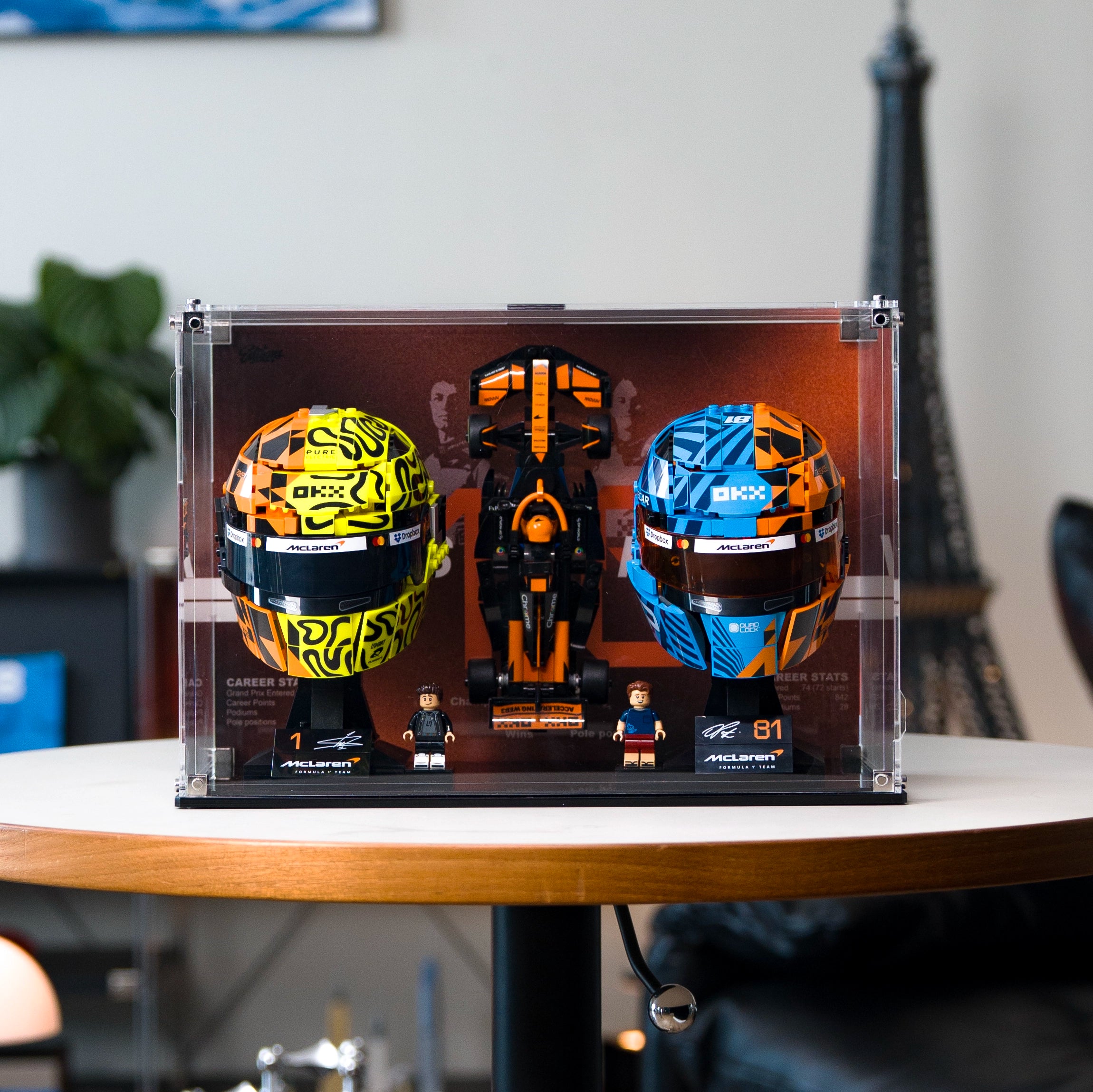 Wall mounted Display Case For LEGO® Editions F1 McLaren Lando Norris Helmet&Oscar Piastri Helmet