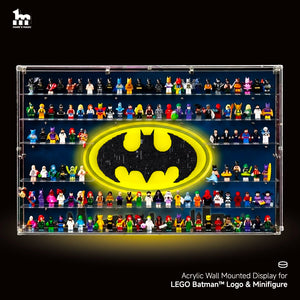 【PREMIUM LIGHT-UP】 Dust Proof Wall mounted Display Case for lego Batman Logo & Batman Minifigure