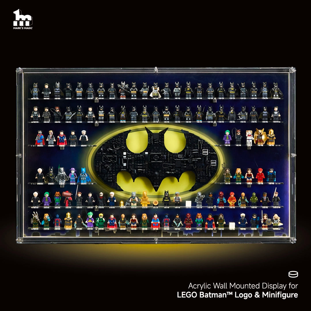 【PREMIUM LIGHT-UP】 Dust Proof Wall mounted Display Case for lego Batman Logo & Batman Minifigure