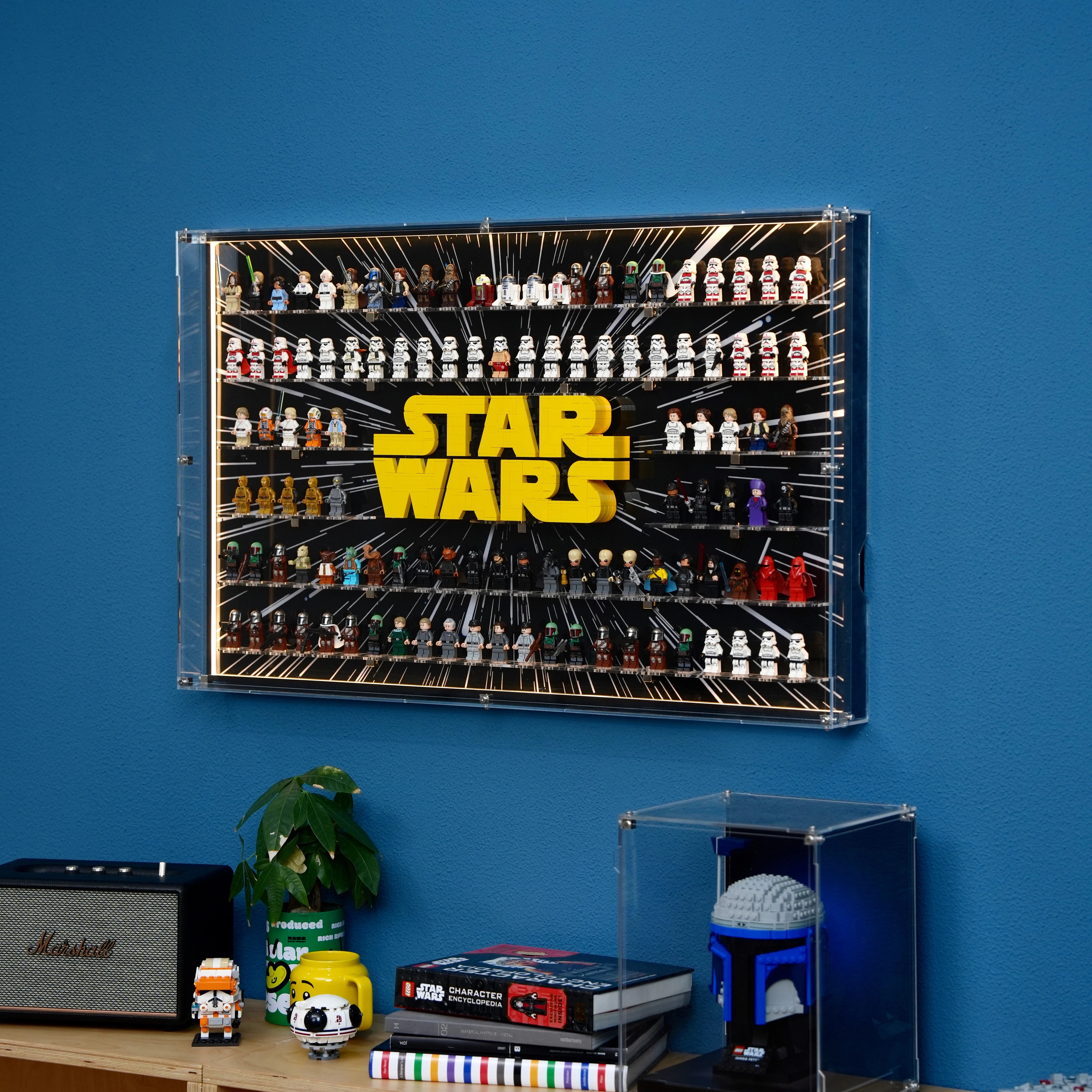 【PREMIUM LIGHT-UP】 Wall mounted Display Case for lego Star Wars Minifigure & Brick-Built star wars Logo