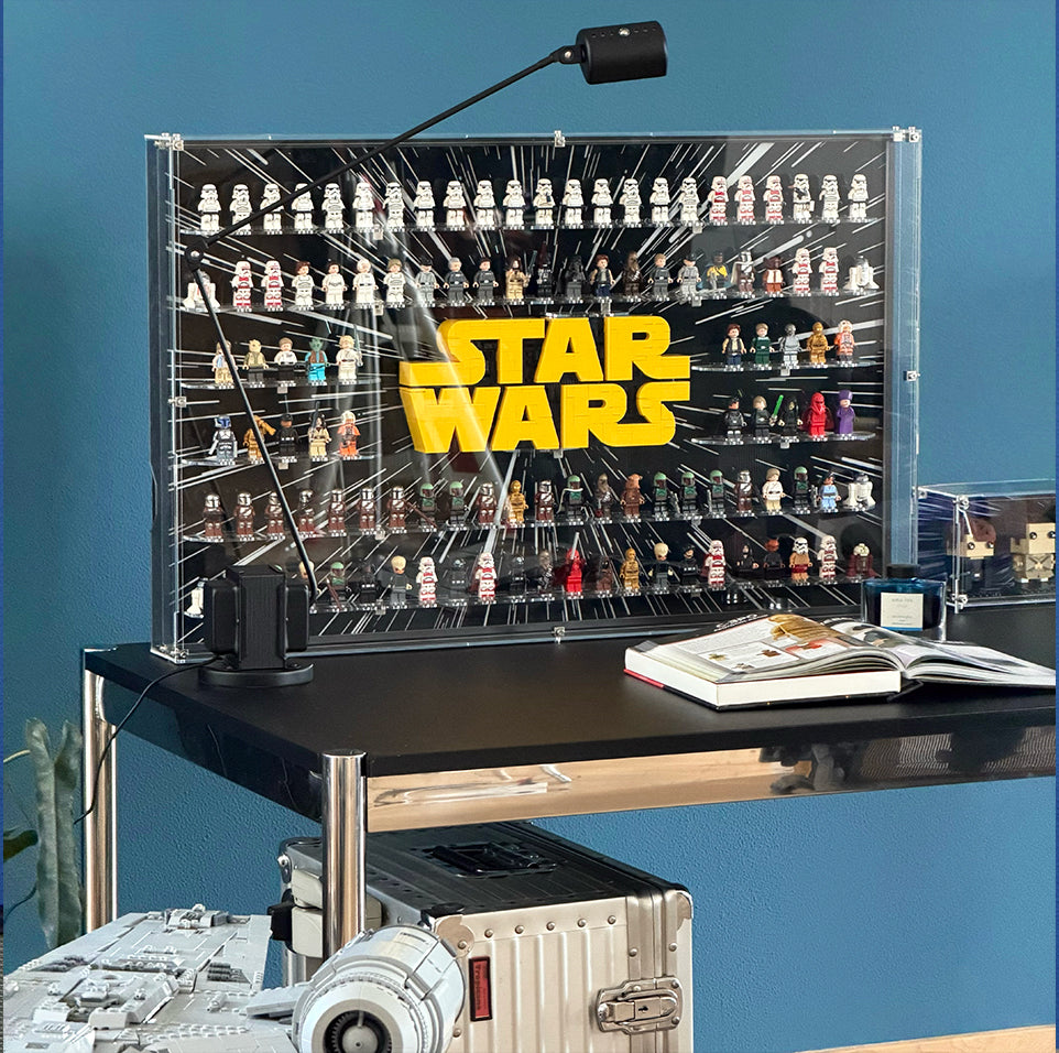 【PREMIUM LIGHT-UP】 Wall mounted Display Case for lego Star Wars Minifigure & Brick-Built star wars Logo