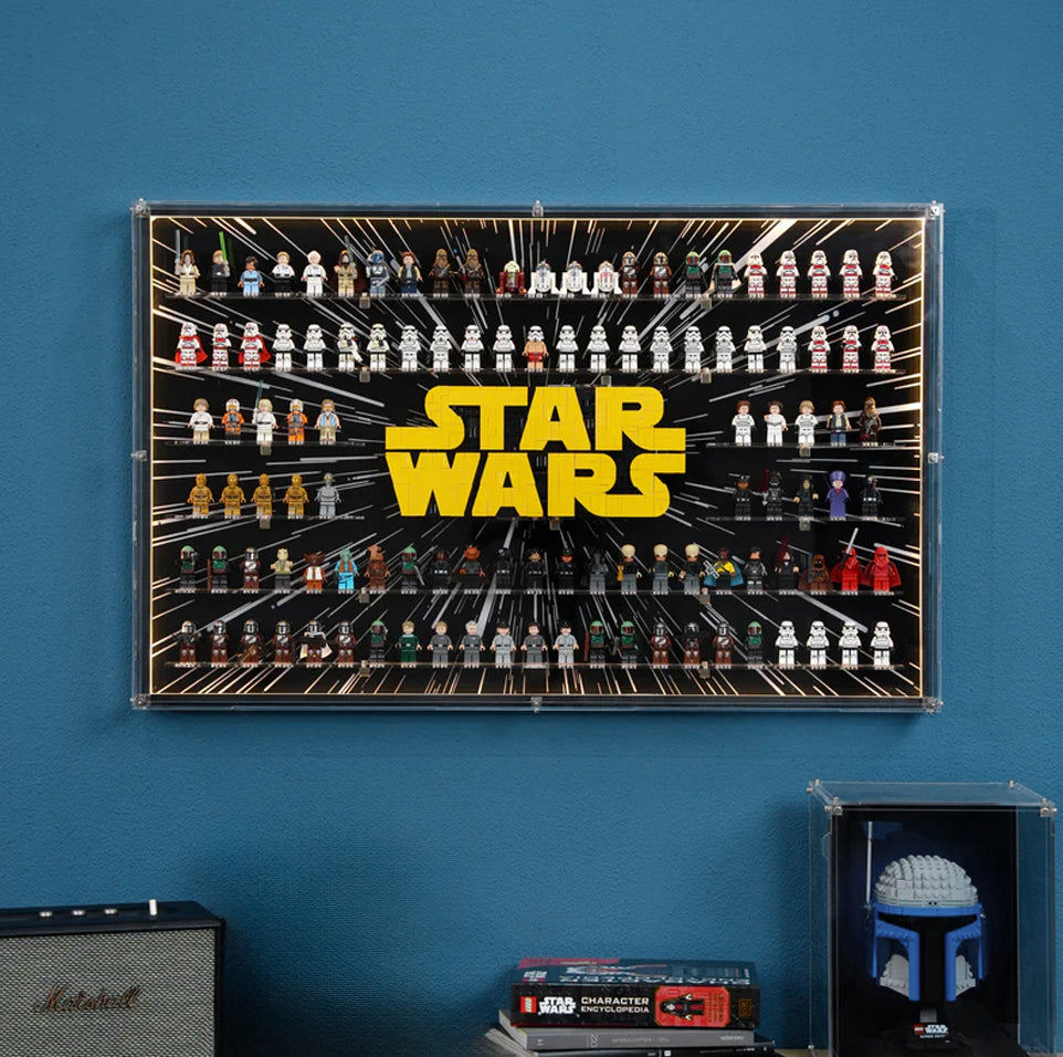 【PREMIUM LIGHT-UP】 Dust Proof Wall mounted Display Case for lego Star Wars Brick-Built Logo & Star Wars Minifigure